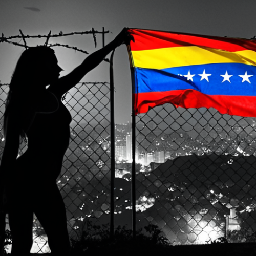 Home 28 **A Venezuelan woman stands silhouetted against a backdrop of a sprawling city at night, divided by a barbed wire fence. One side of the fence depicts a vibrant, colorful Caracas with lively music and dancing. The other side fades into a grayscale cityscape of a foreign country, symbolizing diaspora and cultural adaptation. She holds a tattered Venezuelan flag, her expression a mixture of longing and determination. Style: Evocative, slightly surreal, and emotionally charged. Inspired by authors like Karina Sainz Borgo.**