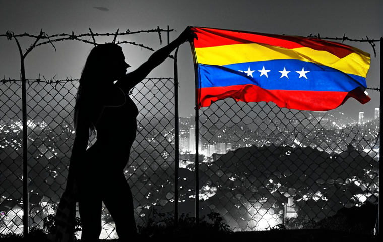 **A Venezuelan woman stands silhouetted against a backdrop of a sprawling city at night, divided by a barbed wire fence. One side of the fence depicts a vibrant, colorful Caracas with lively music and dancing. The other side fades into a grayscale cityscape of a foreign country, symbolizing diaspora and cultural adaptation. She holds a tattered Venezuelan flag, her expression a mixture of longing and determination. Style: Evocative, slightly surreal, and emotionally charged. Inspired by authors like Karina Sainz Borgo.**