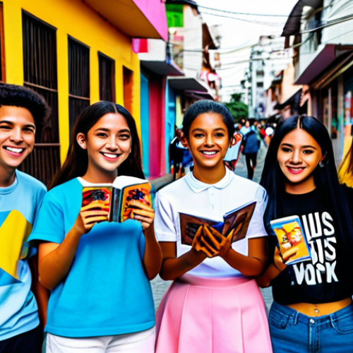 Home 26 **
"A group of Venezuelan teenagers, fully clothed in modest, trendy streetwear inspired by K-Pop fashion, gathering in a vibrant, colorful Caracas neighborhood. They are smiling and holding K-Pop albums. Safe for work, appropriate content, family-friendly, professional photography, perfect anatomy, natural proportions, well-formed hands, proper finger count. The background features colorful street art and bustling market stalls."
**