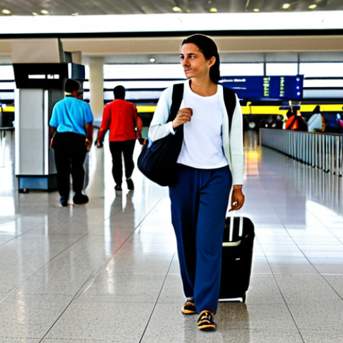 Home 25 **
"A traveler in an airport in Caracas, Venezuela, fully clothed, wearing modest travel attire (comfortable pants, t-shirt, light jacket), pulling a suitcase, safe for work, appropriate content, perfect anatomy, natural proportions, family-friendly, professional photography, brightly lit airport terminal in the background, showing a modern airport scene with people waiting."
**