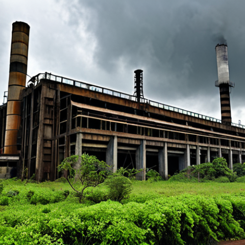 Home 12 Deteriorating Infrastructure**
"A dilapidated electrical power plant in Venezuela, showing rusted metal and overgrown vegetation, symbolizing lack of investment and maintenance, overcast sky, realistic style, safe for work, appropriate content, fully clothed, professional, perfect anatomy, natural proportions."
**