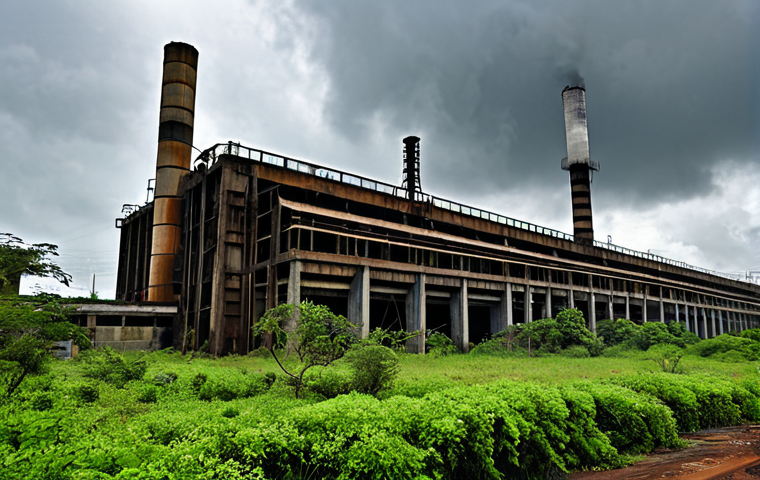 Deteriorating Infrastructure**

"A dilapidated electrical power plant in Venezuela, showing rusted metal and overgrown vegetation, symbolizing lack of investment and maintenance, overcast sky, realistic style, safe for work, appropriate content, fully clothed, professional, perfect anatomy, natural proportions."

**