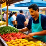 카라카스 관광 명소 - **Prompt:** A vibrant, bustling indoor food market scene in Caracas, reminiscent of Mercado de Chaca...
