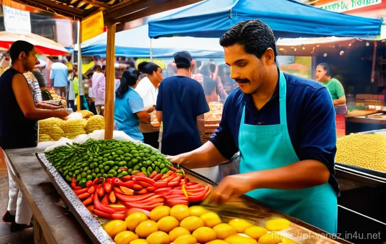 카라카스 관광 명소 - **Prompt:** A vibrant, bustling indoor food market scene in Caracas, reminiscent of Mercado de Chaca...