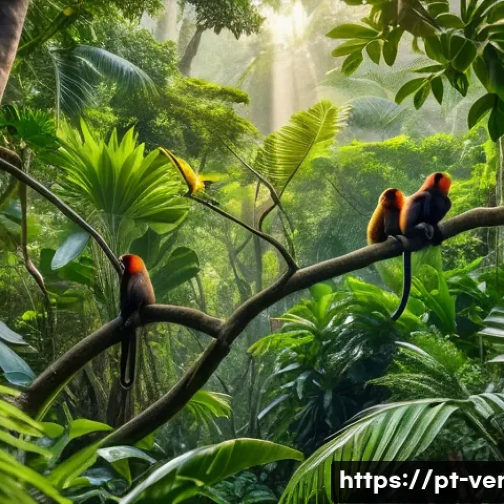 베네수엘라에서 볼 수 있는 희귀 동물 - A vibrant scene deep in the Venezuelan tropical rainforest canopy, showcasing a small group of color...