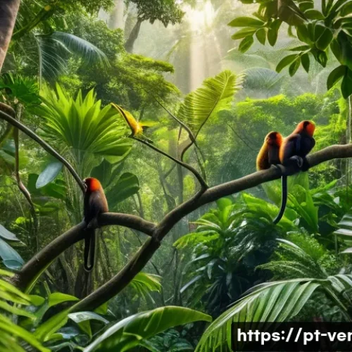 베네수엘라에서 볼 수 있는 희귀 동물 - A vibrant scene deep in the Venezuelan tropical rainforest canopy, showcasing a small group of color...