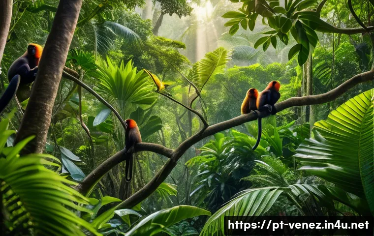 베네수엘라에서 볼 수 있는 희귀 동물 - A vibrant scene deep in the Venezuelan tropical rainforest canopy, showcasing a small group of color...