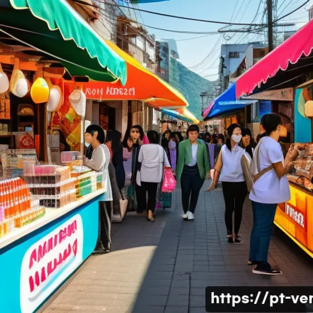 베네수엘라에서 한국 제품 구입 가능 여부 - A vibrant Venezuelan street market scene featuring local importers selling authentic Korean cosmetic...