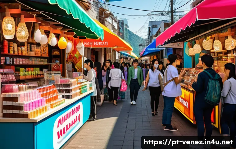 베네수엘라에서 한국 제품 구입 가능 여부 - A vibrant Venezuelan street market scene featuring local importers selling authentic Korean cosmetic...
