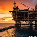 Home 20 베네수엘라의 원유 생산 감소 원인 - A detailed industrial scene showing a deteriorated Venezuelan oil extraction platform at sunset, wit...