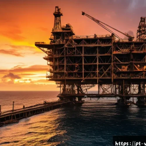 Home 32 베네수엘라의 원유 생산 감소 원인 - A detailed industrial scene showing a deteriorated Venezuelan oil extraction platform at sunset, wit...