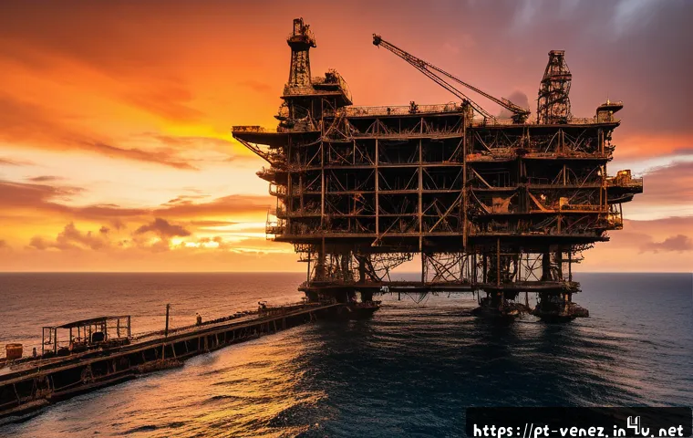 베네수엘라의 원유 생산 감소 원인 - A detailed industrial scene showing a deteriorated Venezuelan oil extraction platform at sunset, wit...