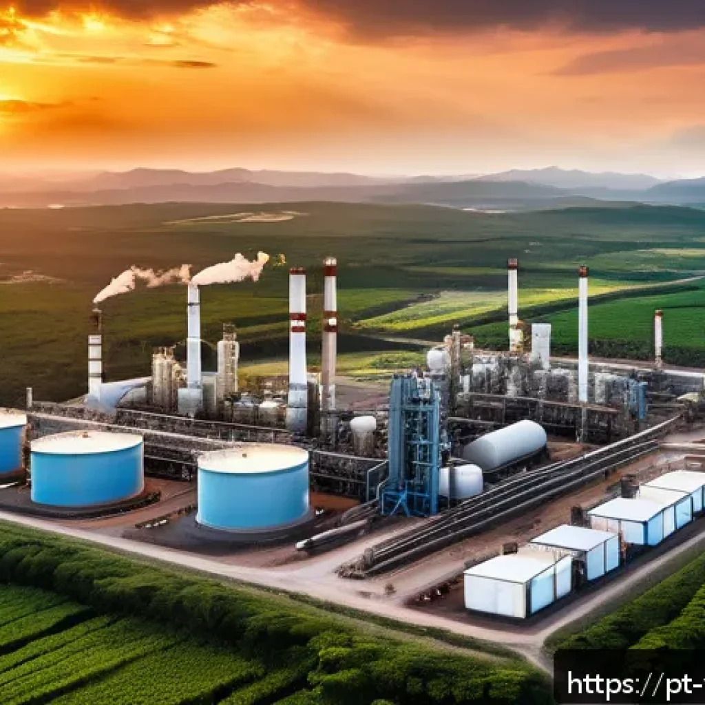 베네수엘라 원유 산업 현황 - A detailed aerial view of a modernized Venezuelan oil refinery complex at sunset, showcasing advance...