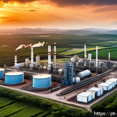 Home 31 베네수엘라 원유 산업 현황 - A detailed aerial view of a modernized Venezuelan oil refinery complex at sunset, showcasing advance...