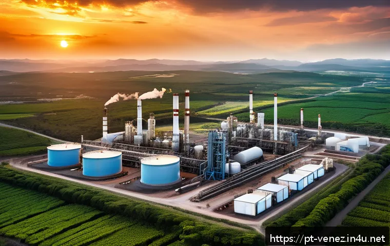 베네수엘라 원유 산업 현황 - A detailed aerial view of a modernized Venezuelan oil refinery complex at sunset, showcasing advance...