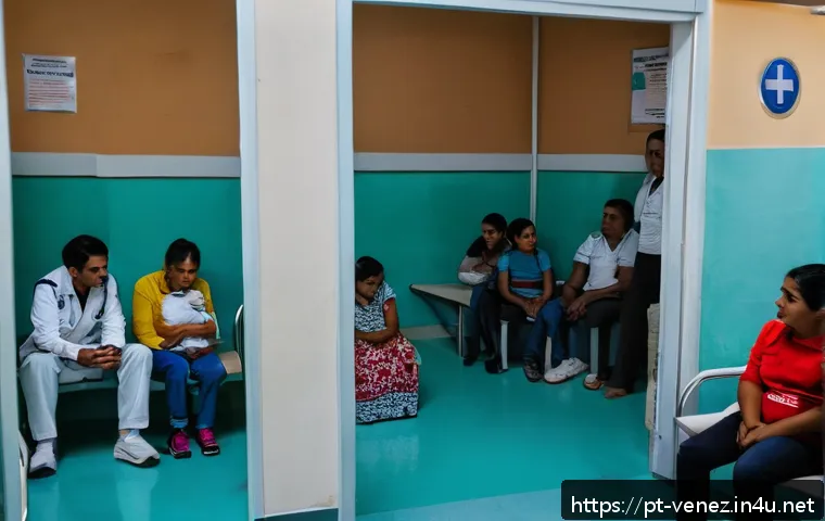 베네수엘라 정치 망명 사례 - A crowded public hospital waiting room in a Latin American border city, filled with diverse Venezuel...