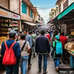 Home 23 베네수엘라의 사회주의 정책 결과 - A bustling Venezuelan marketplace scene showing long lines of diverse people wearing everyday casual...