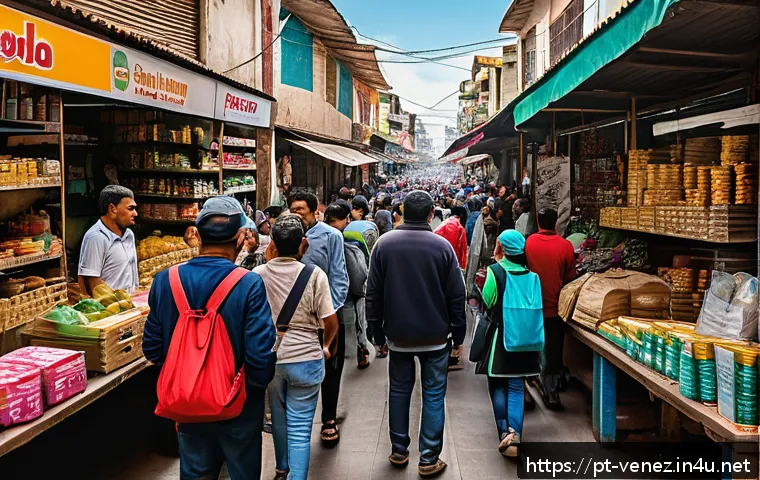 베네수엘라의 사회주의 정책 결과 - A bustling Venezuelan marketplace scene showing long lines of diverse people wearing everyday casual...