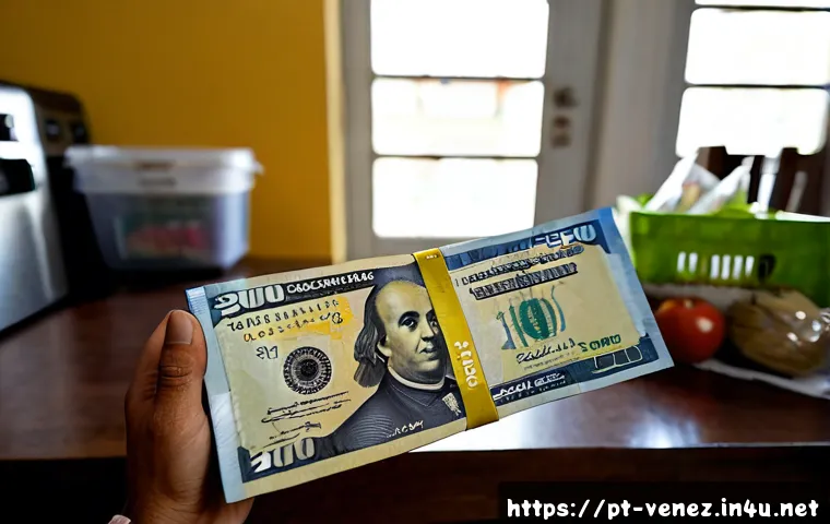베네수엘라 화폐 볼리바르 가치 - Photorealistic close-up of a Venezuelan bolivar banknote resting beside a small stack of everyday gr...