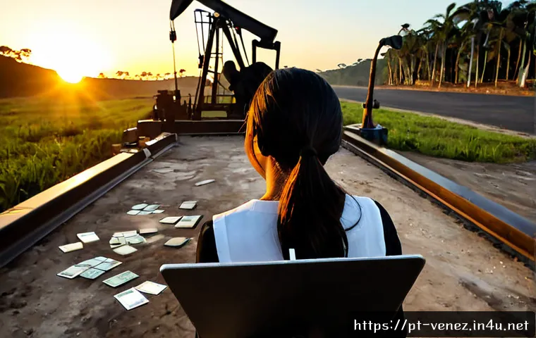 Home 15 베네수엘라 유가 변동과 경제 영향 - Photorealistic wide-angle view of Venezuelan oil pumpjacks at sunrise, one active pumpjack in sharp ...