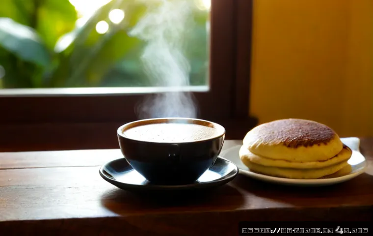 Home 15 베네수엘라 커피 문화 - Photorealistic morning coffee ritual in a welcoming Venezuelan home, a steaming cup of dark coffee b...