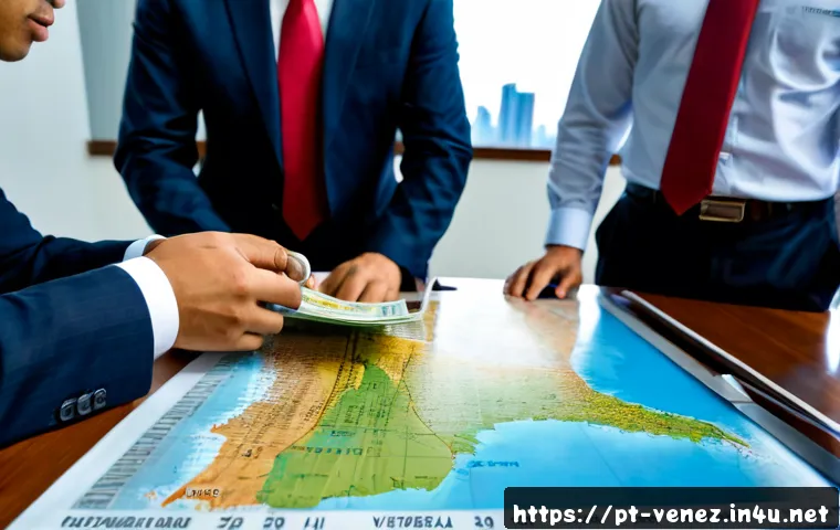 Home 17 베네수엘라 내 한국 기업 진출 현황 - Photorealistic business meeting in a modern Caracas office, Korean and Venezuelan executives in form...